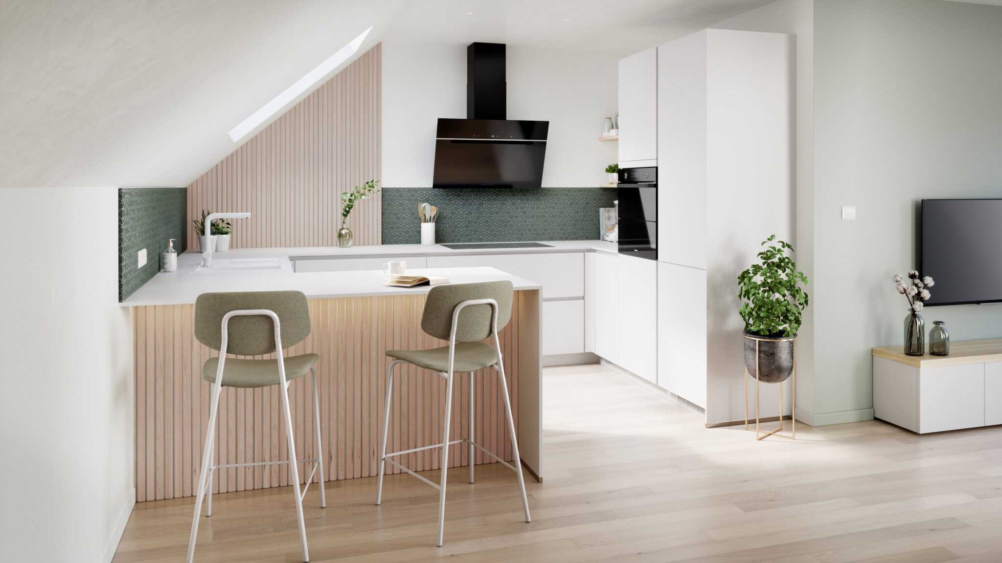 Cuisine moderne avec des armoires blanches, un îlot central en bois clair, des tabourets verts et une plante en pot sur le sol en bois.