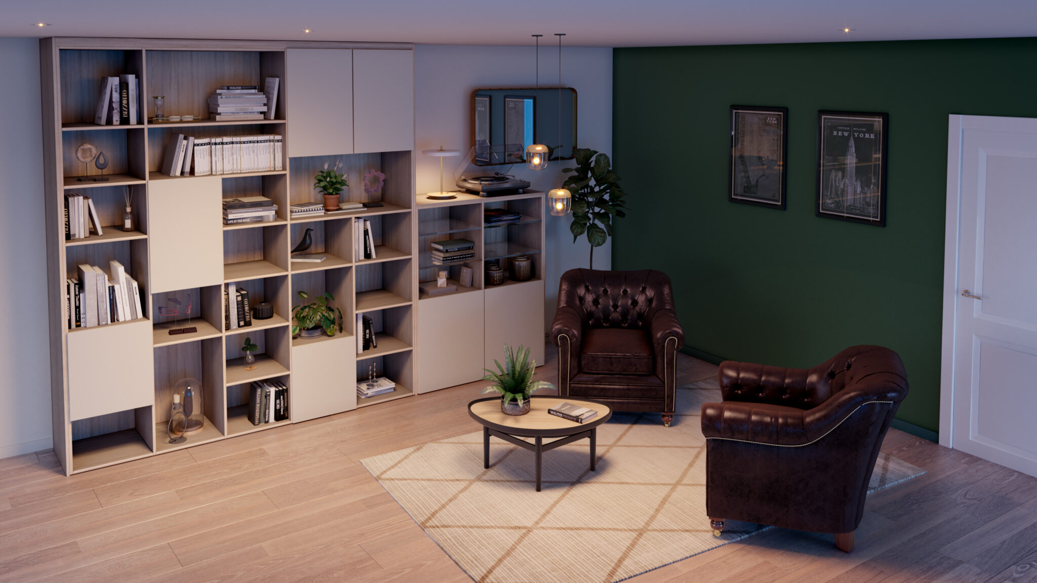 miysis_3d_eggo_bibliotheque_final – ok Bibliothèque en bois clair avec livres et décorations, fauteuils en cuir brun, table basse avec plante sur tapis beige, mur vert.